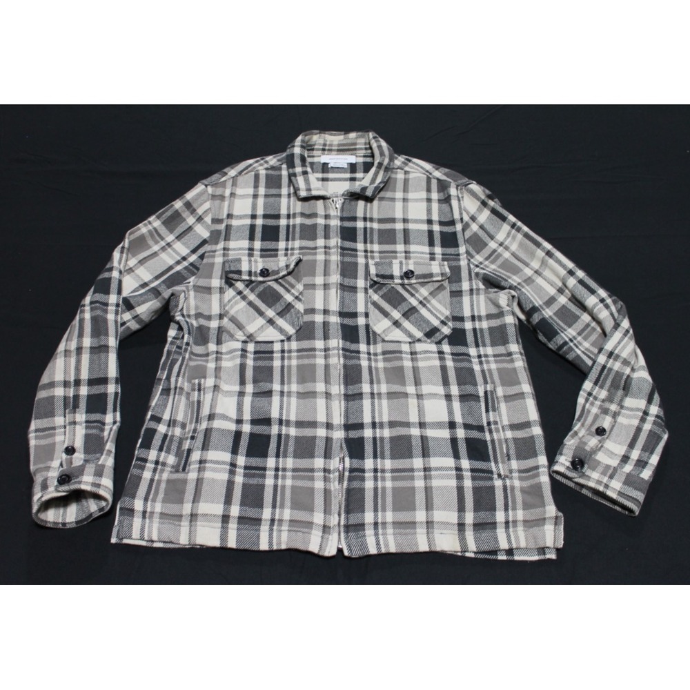 Urban Outfitters Plaid Shirt Jacket Mens Large Cream Black Zip Heavyweight